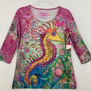 New Leoma Lovegrove size XS Colorful Seahorse Artsy Stretch Top Vacation